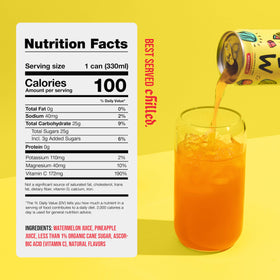 Mela Watermelon Water ingredients panel highlights non-GMO and gluten-free.