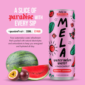 Close-up of Mela Watermelon Water bottle showing simple ingredients and clean hydration.
