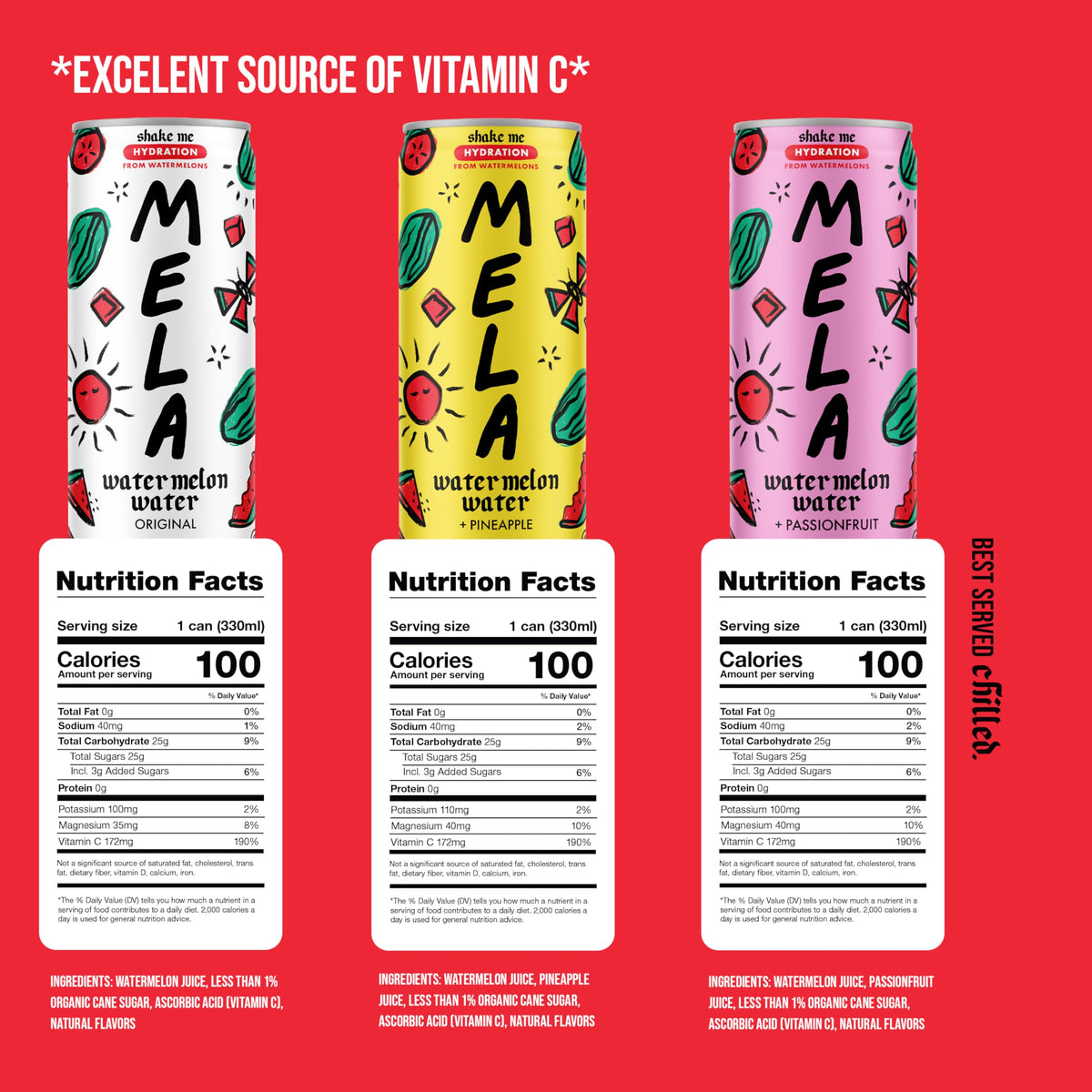 Mela Watermelon Water non GMO label on bottle highlighting clean ingredients