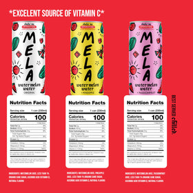 Mela Watermelon Water non GMO label on bottle highlighting clean ingredients