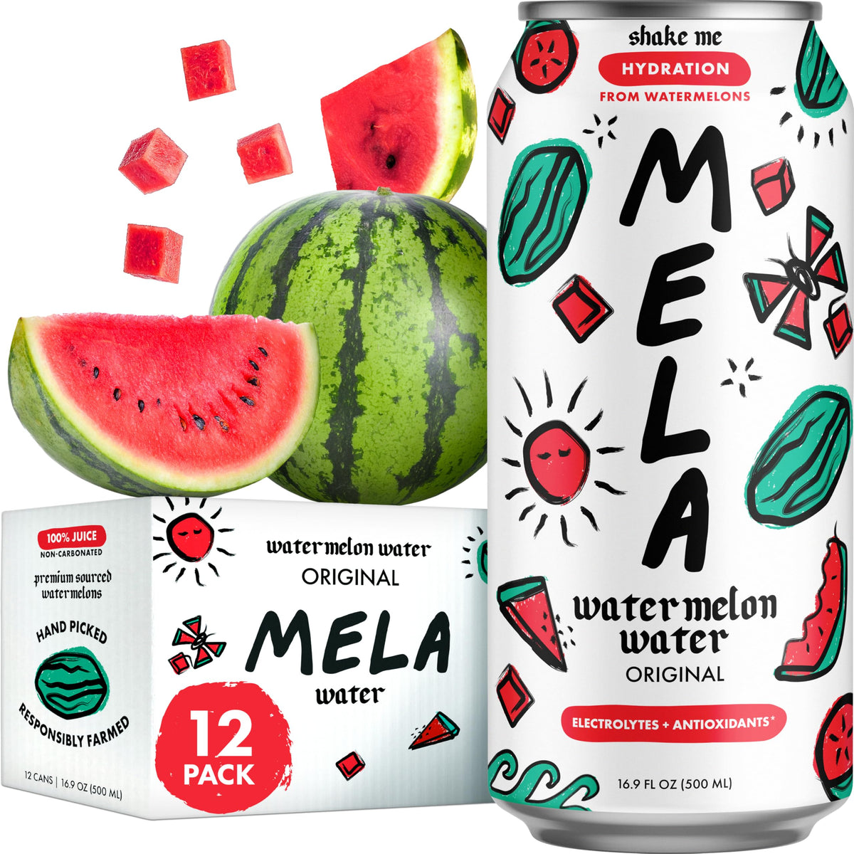 Mela Watermelon Water original bottle showing clean hydration and vitamin C benefits.