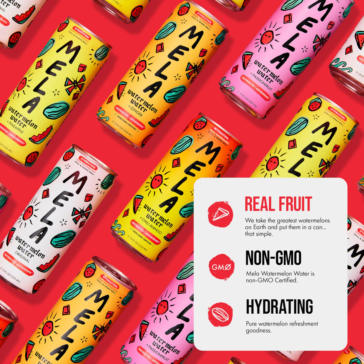 Mela Watermelon Water packaging on shelf signals gluten-free, plant-based hydration.