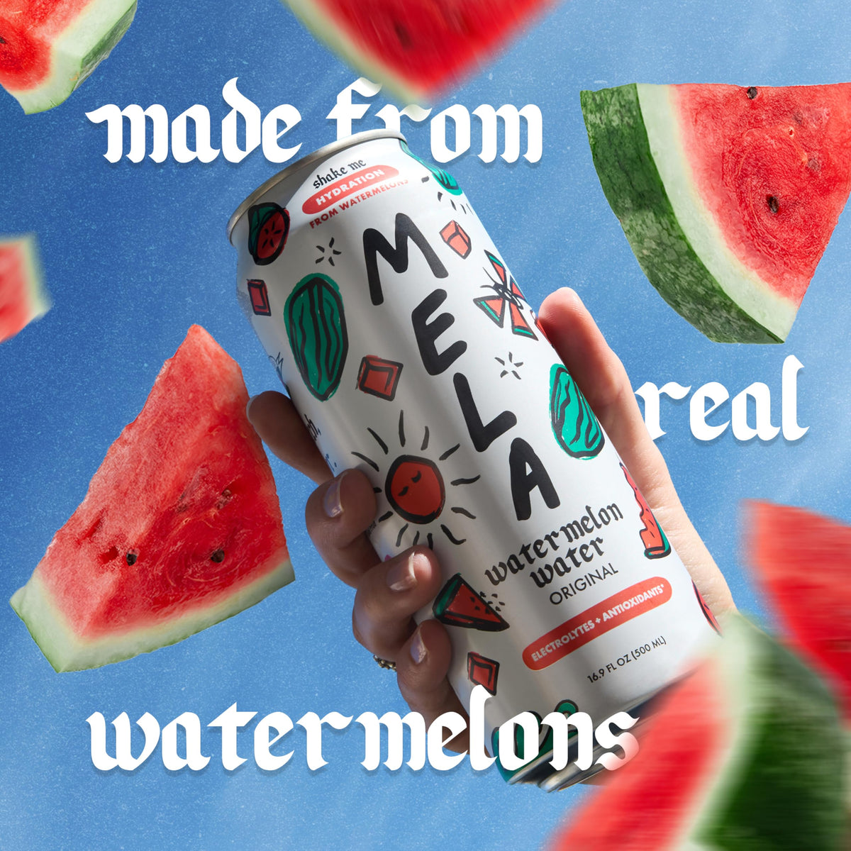 Mela Watermelon Water being poured into a glass emphasizing refreshing taste and natural sweetness.