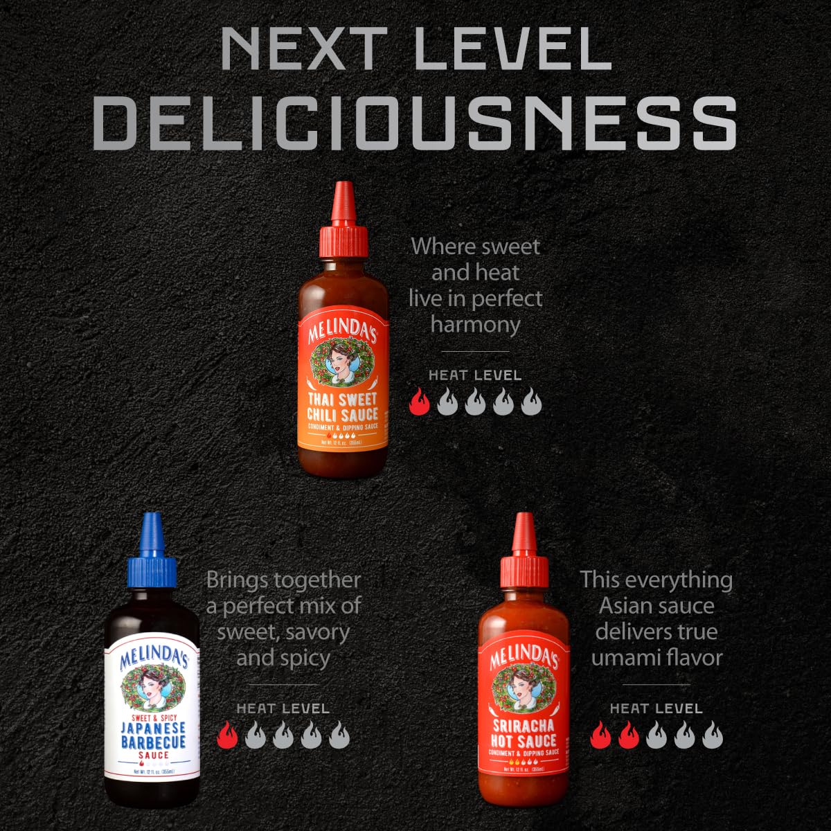 Melinda's Asian Trio label close-up highlights keto and vegan badges.