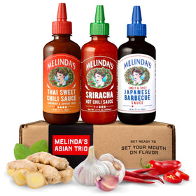 Melinda's Sriracha bottle pouring bold heat to spice up meals.