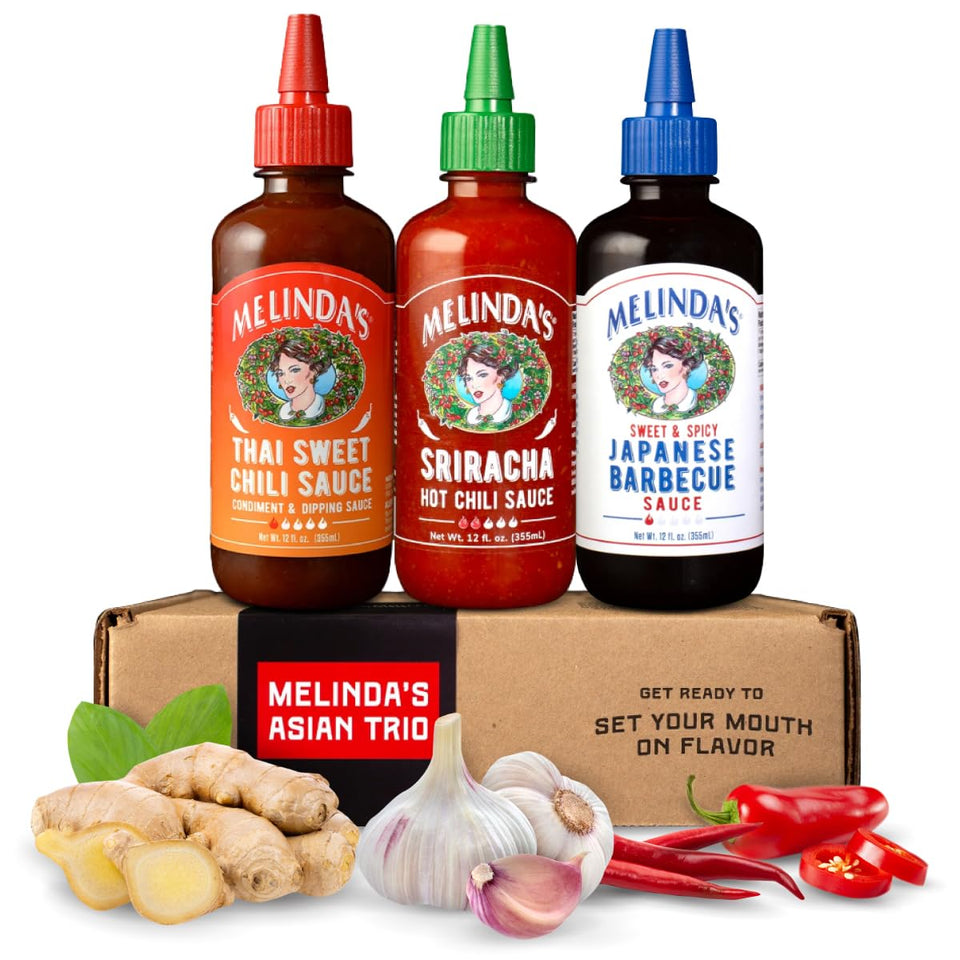 Melinda's Sriracha bottle pouring bold heat to spice up meals.