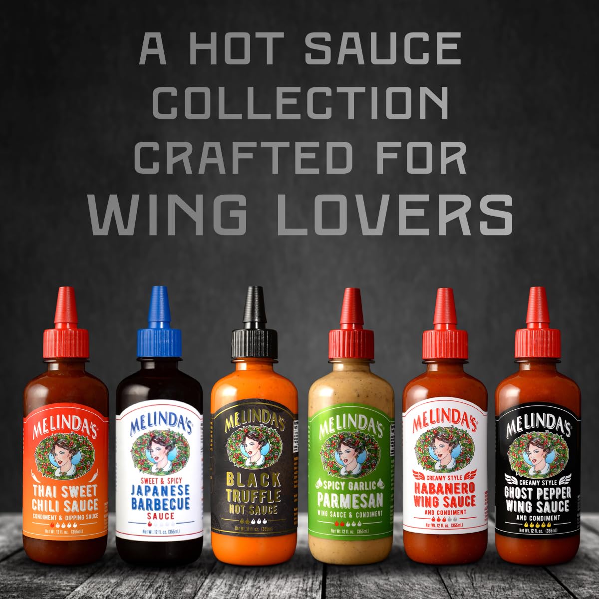 Melinda’s Black Truffle Hot Sauce bottle adds gourmet depth to wings