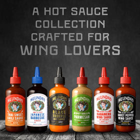Melinda’s Black Truffle Hot Sauce bottle adds gourmet depth to wings
