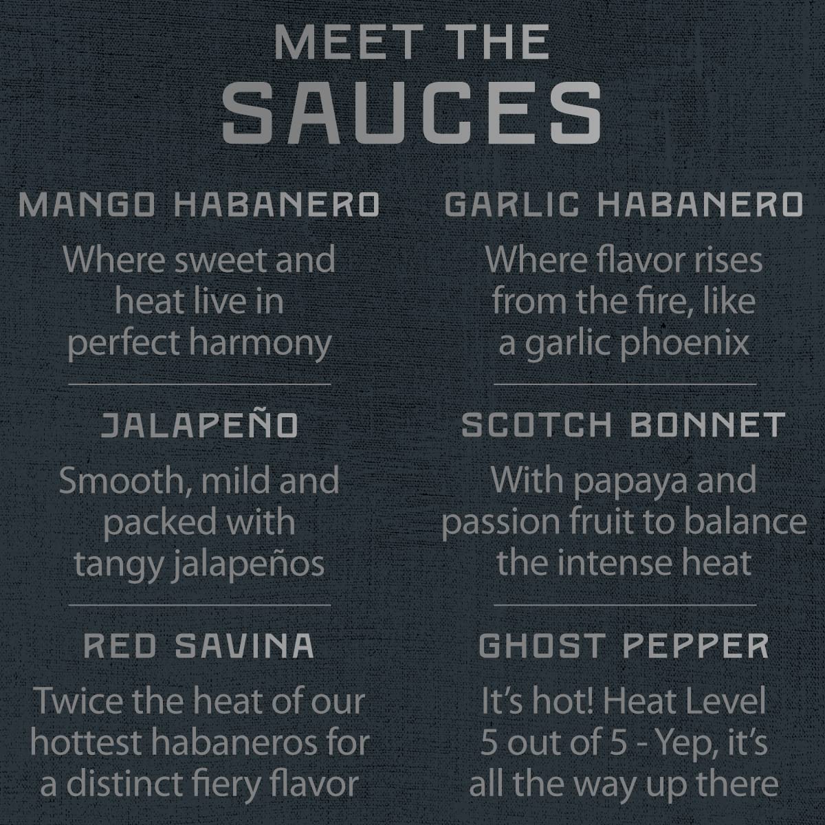 Assorted sauce lineup from Melinda's Chef Fig highlights flavor variety.