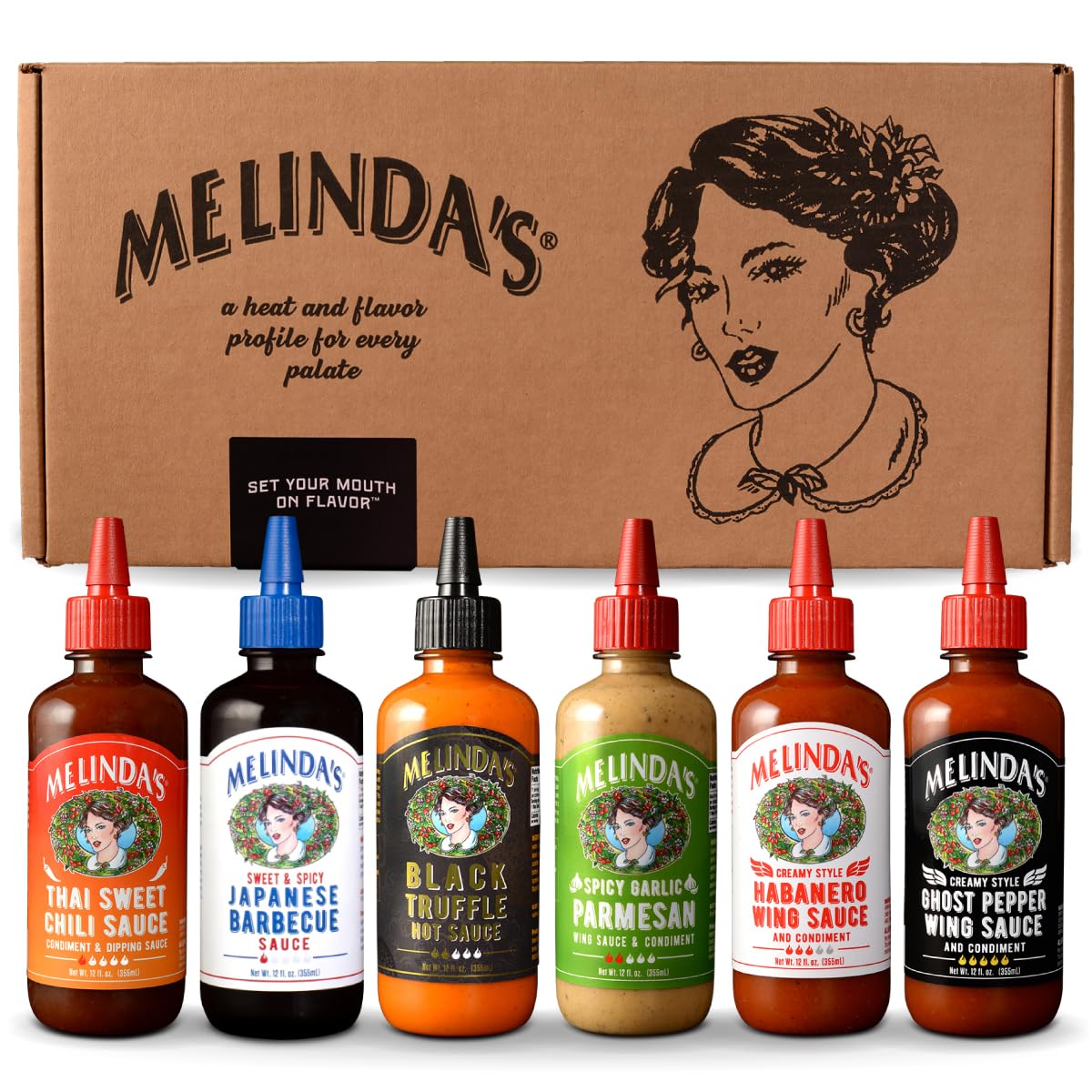 Melinda’s Craft Wing Collection box displaying six sauces for versatile wing nights