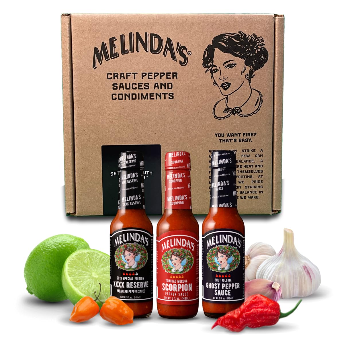 Melinda's Extreme Fiery Variety Pack box display invites bold cooking inspiration.