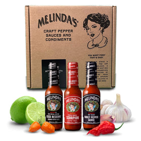 Melinda's Extreme Fiery Variety Pack box display invites bold cooking inspiration.