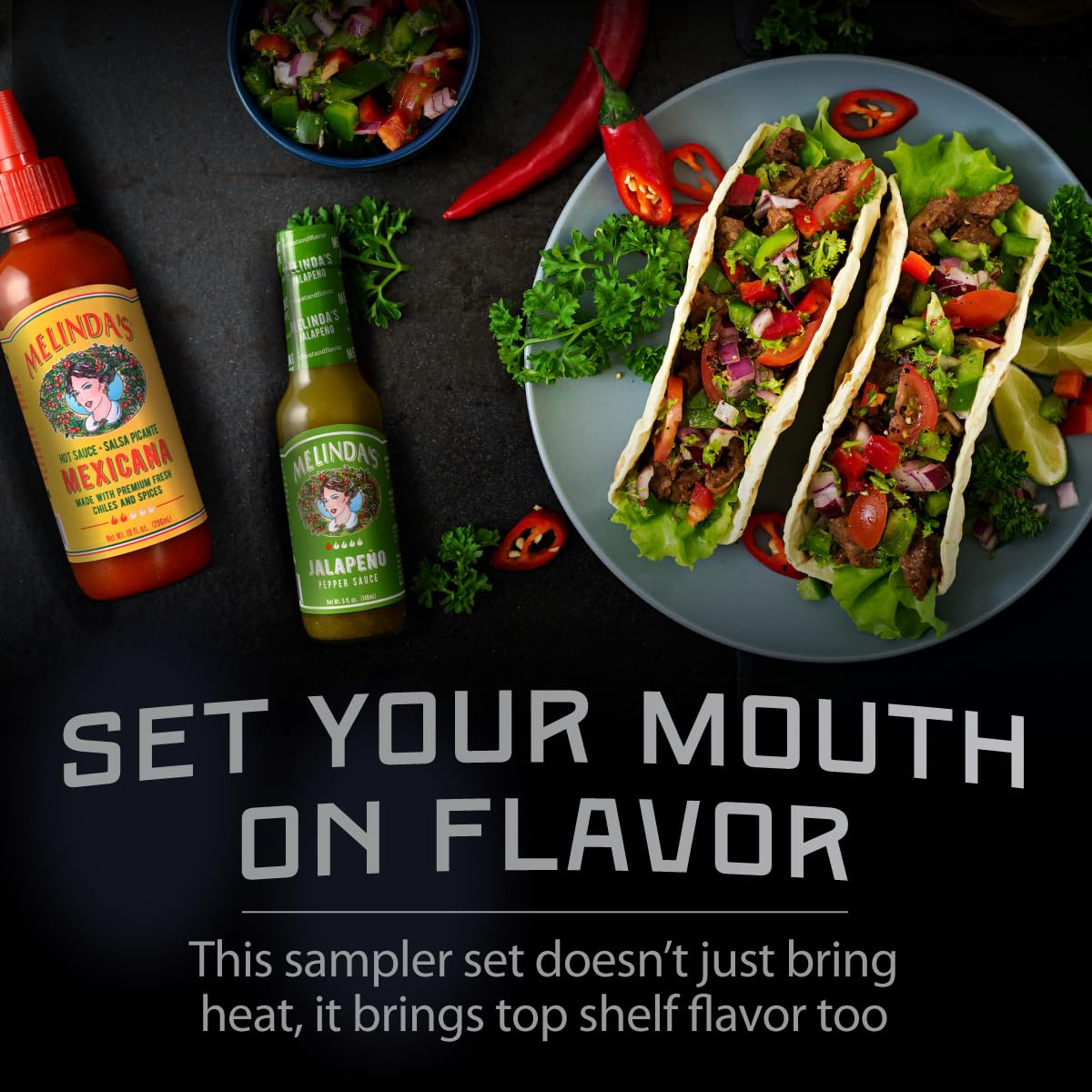 Melinda's Fire Roasted Garlic and Habanero bottle delivers smoky depth for grilled meats.
