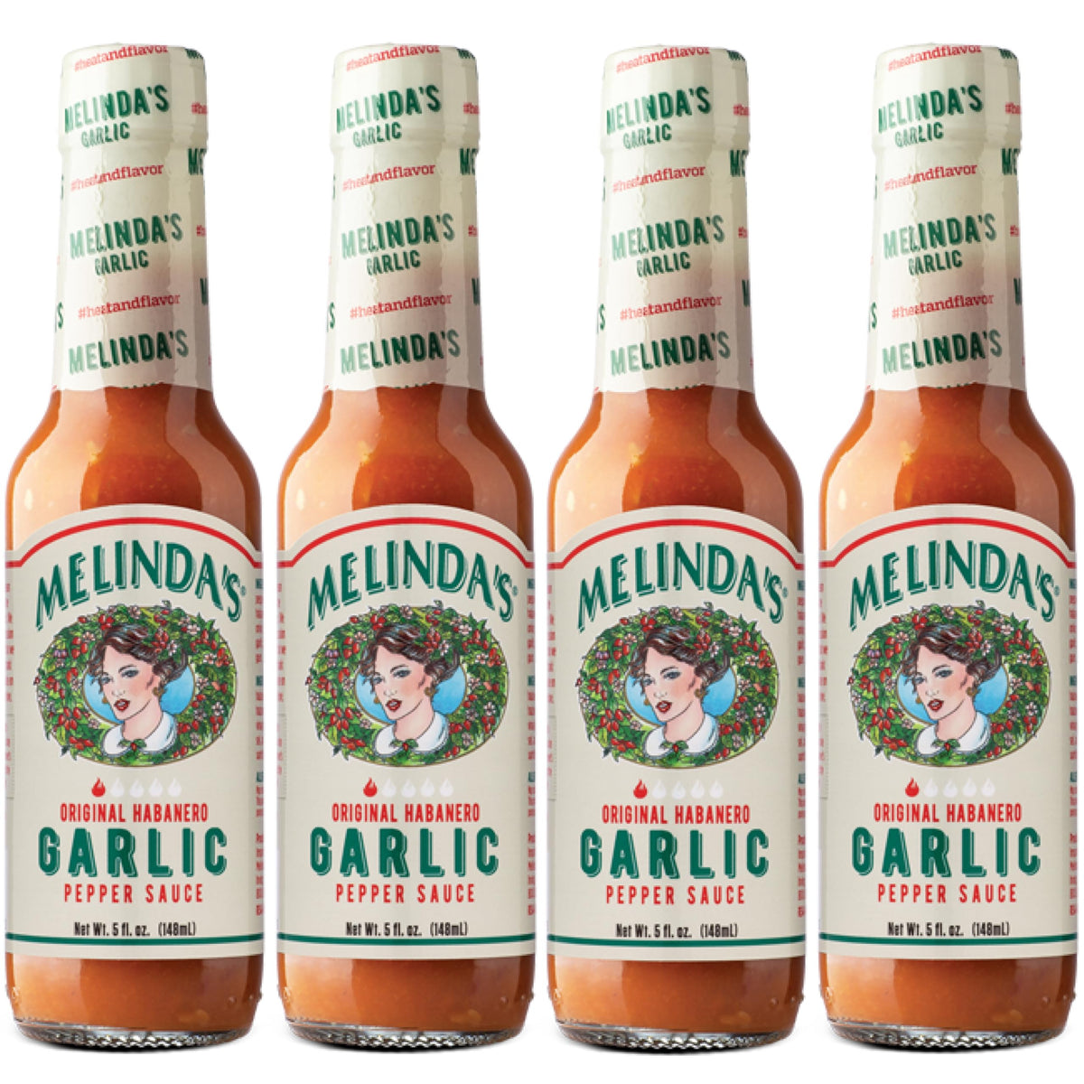 Melinda's Garlic Habanero hot sauce bottle with garlic-forward heat for meals.