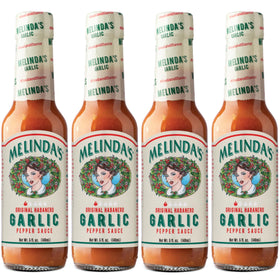 Melinda's Garlic Habanero hot sauce bottle with garlic-forward heat for meals.