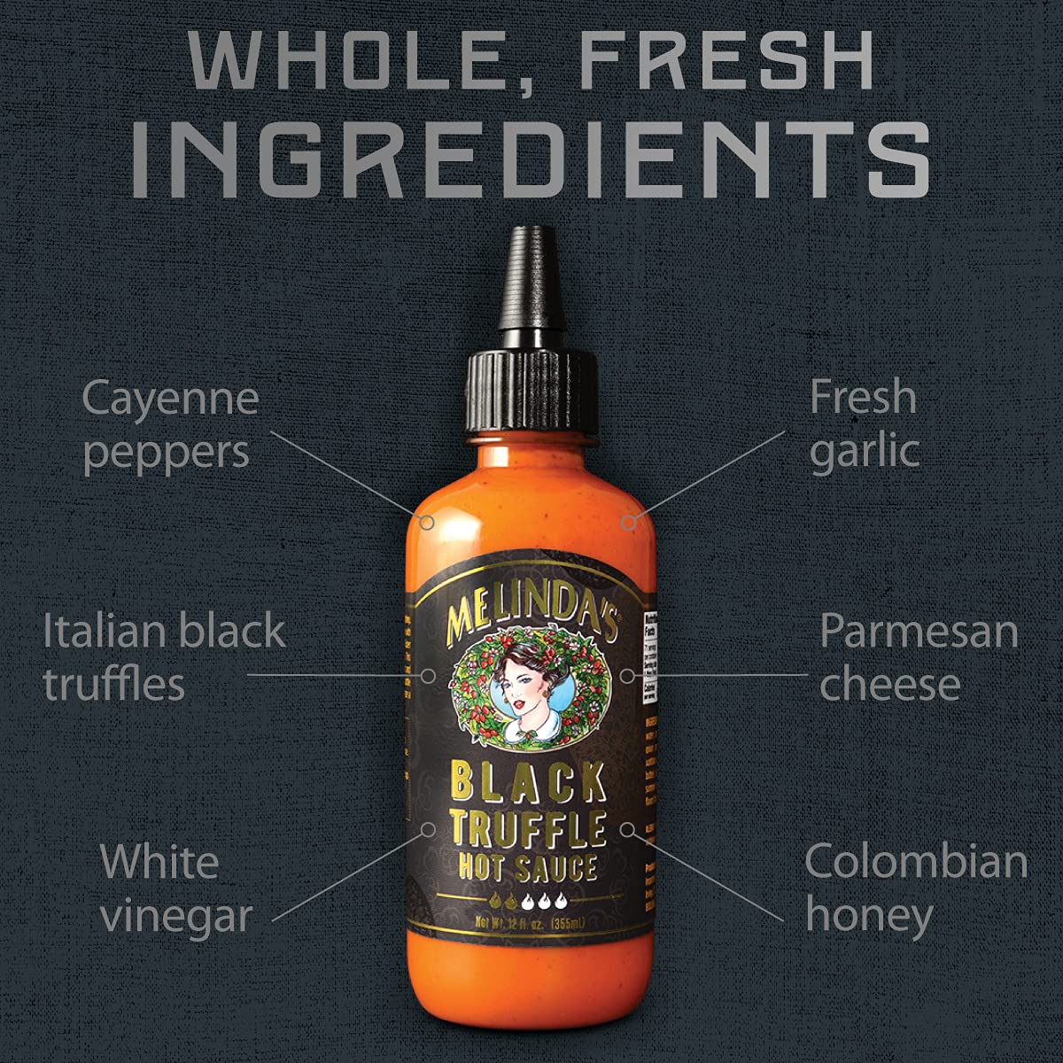 Melinda's Ghost Pepper Black Truffle bottle packaging exudes premium gifting appeal.