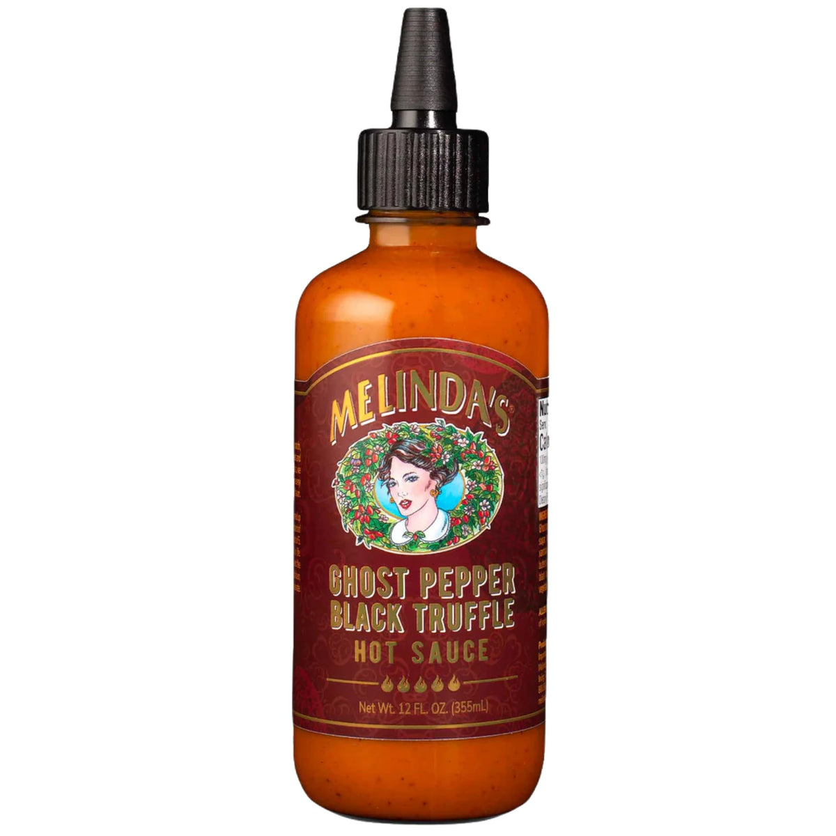 Melinda's Ghost Pepper Black Truffle bottle pour; bold heat for fries.