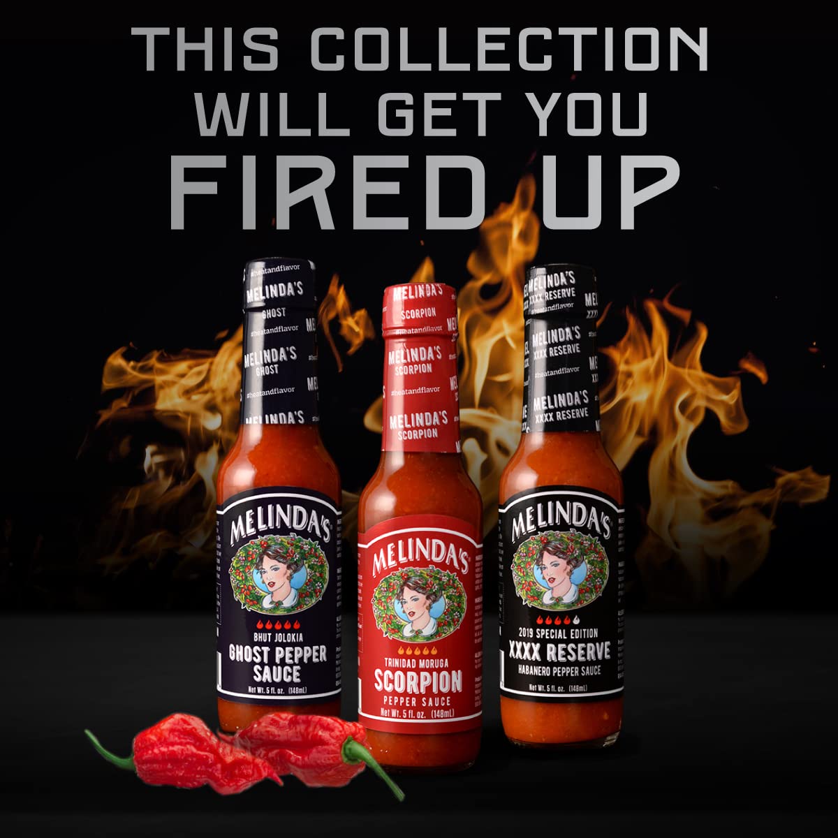 Melinda's Ghost Pepper Sauce bottle showcases vibrant color and fiery flavor potential.