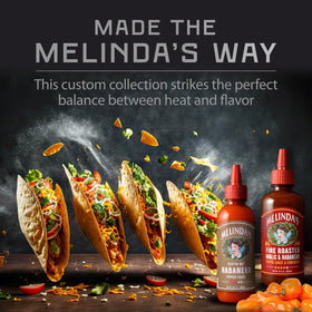 Melinda's Green Sauce bottle adds herbal brightness to fajitas and veggies.
