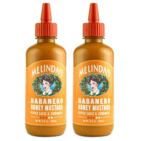 Melinda’s Habanero Honey Mustard bottle close-up with sweet heat and bold label