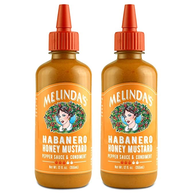 Melinda’s Habanero Honey Mustard bottle close-up with sweet heat and bold label