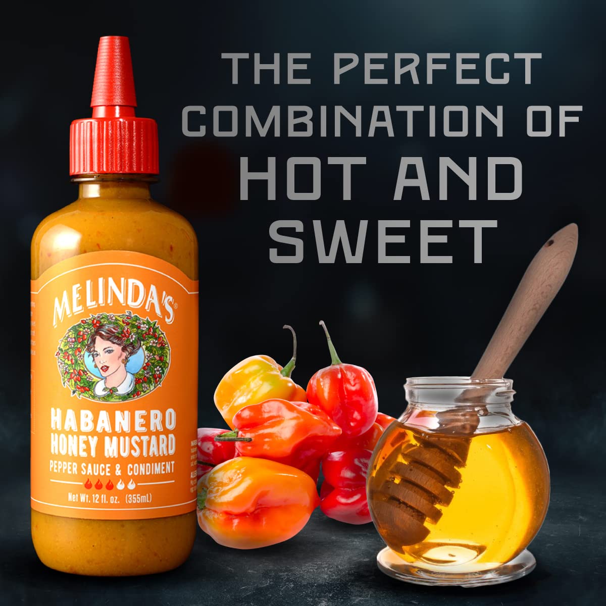 Fresh ingredients highlight in Melinda’s Habanero Honey Mustard jar