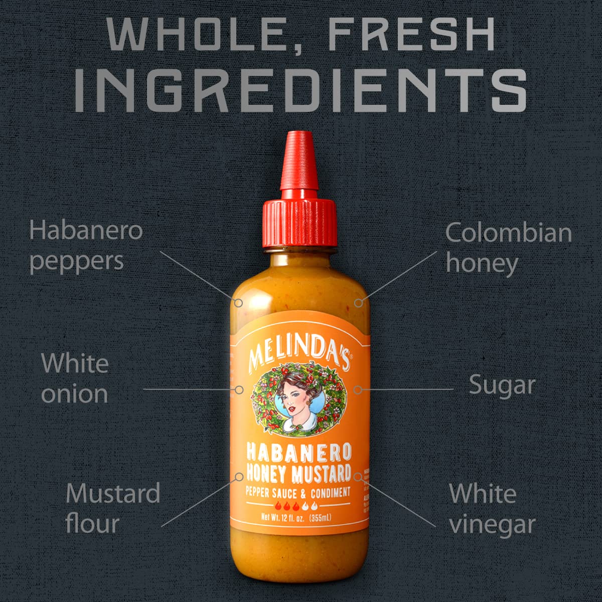 Crispy nuggets dipped in Melinda’s Habanero Honey Mustard for flavor