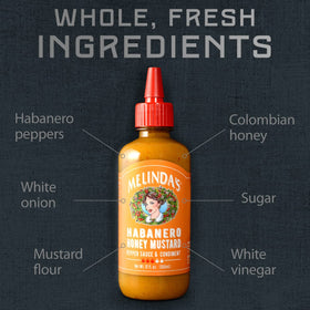 Crispy nuggets dipped in Melinda’s Habanero Honey Mustard for flavor