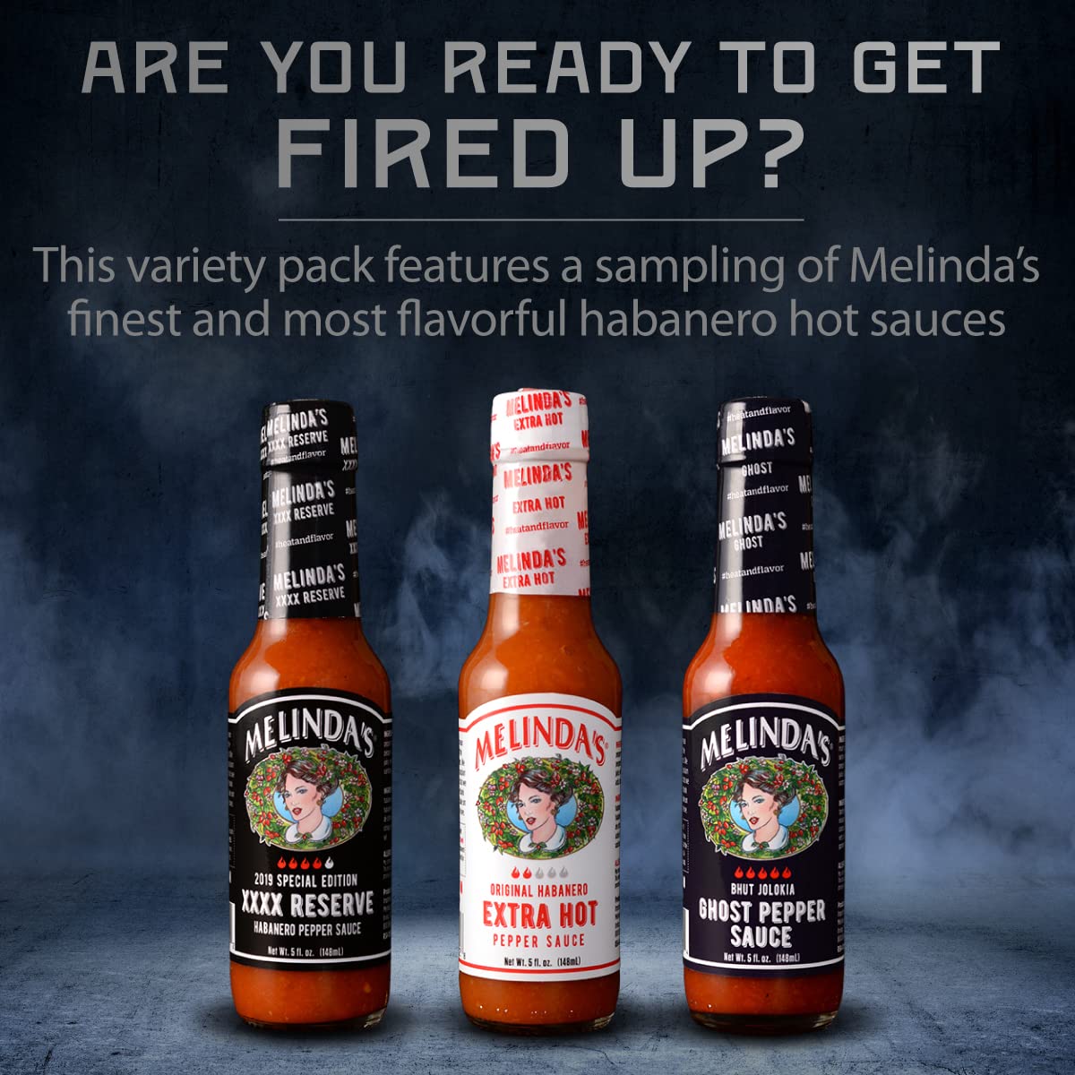 Three Melinda’s bottles lined up, showcasing flavor variety for meals
