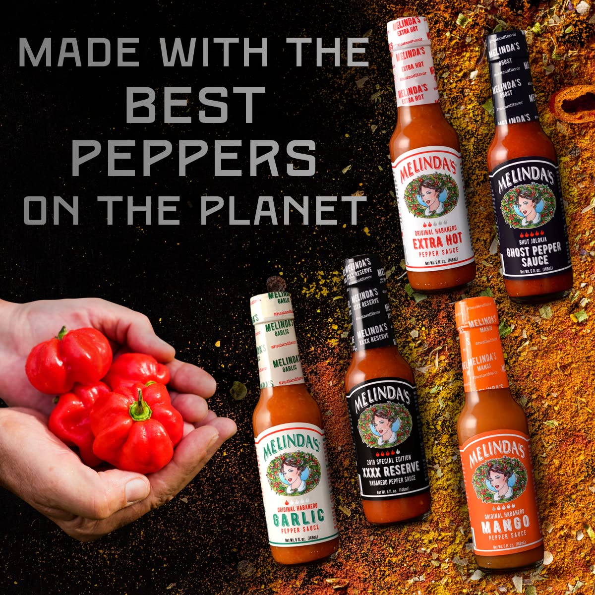 Melinda's gift-set on a kitchen counter makes a ready-to-share hot sauce gift