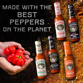 Melinda's gift-set on a kitchen counter makes a ready-to-share hot sauce gift