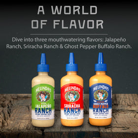 Melinda's Jalapeno Ranch bottle—creamy heat with bright tang for daily dipping.
