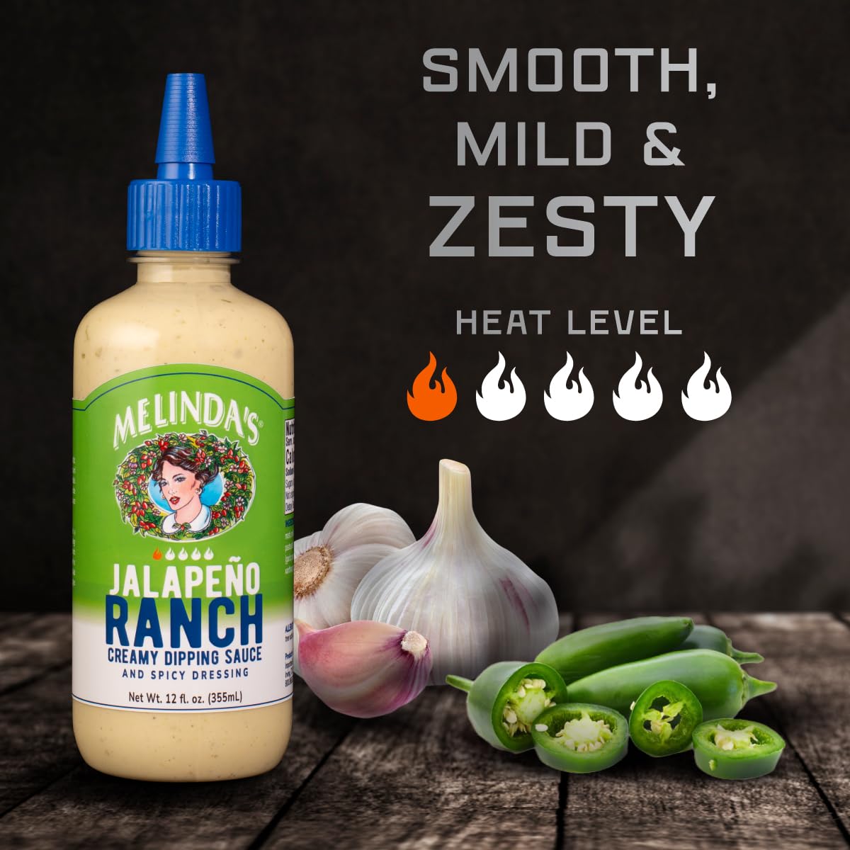 Melinda’s Jalapeño Ranch label close-up with bold jalapeño flavor.