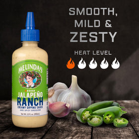 Melinda’s Jalapeño Ranch label close-up with bold jalapeño flavor.