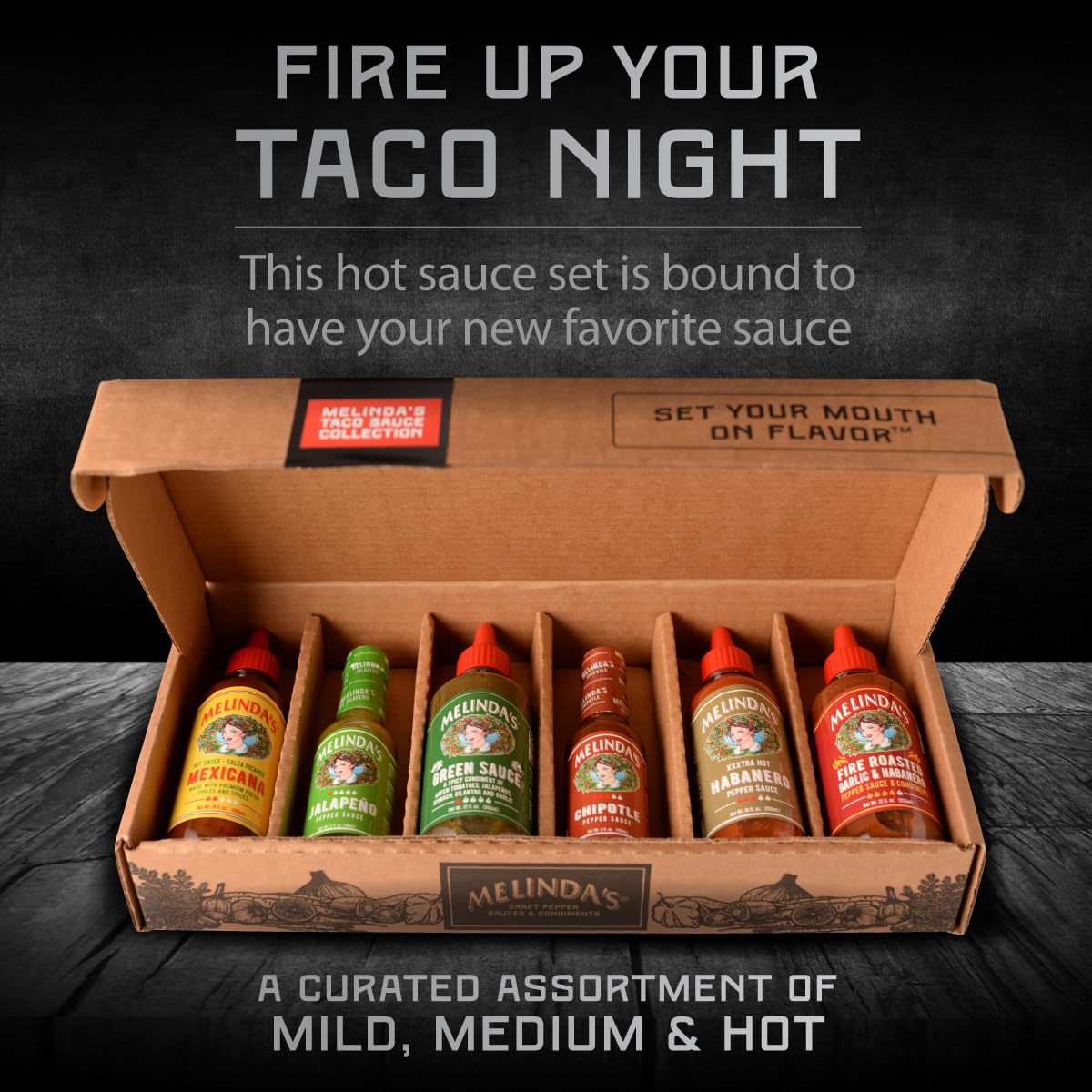 Melinda's Jalapeño Taco Sauce bottle adds bright heat for toppings.
