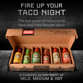 Melinda's Jalapeño Taco Sauce bottle adds bright heat for toppings.