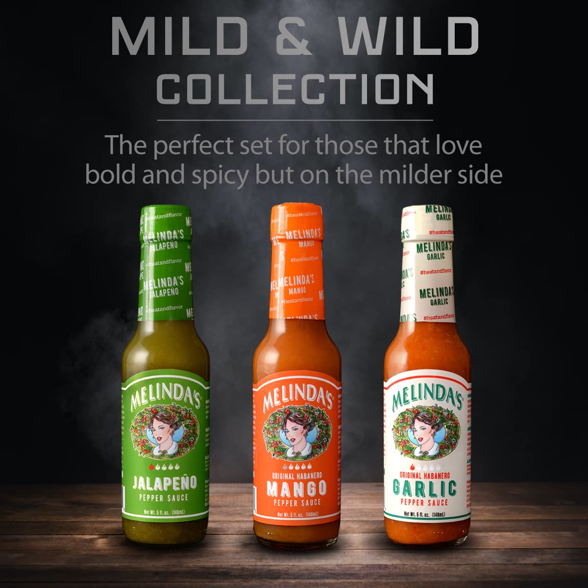 Melinda’s Jalapeño bottle offers bright heat for tacos, fajitas, or bowls.
