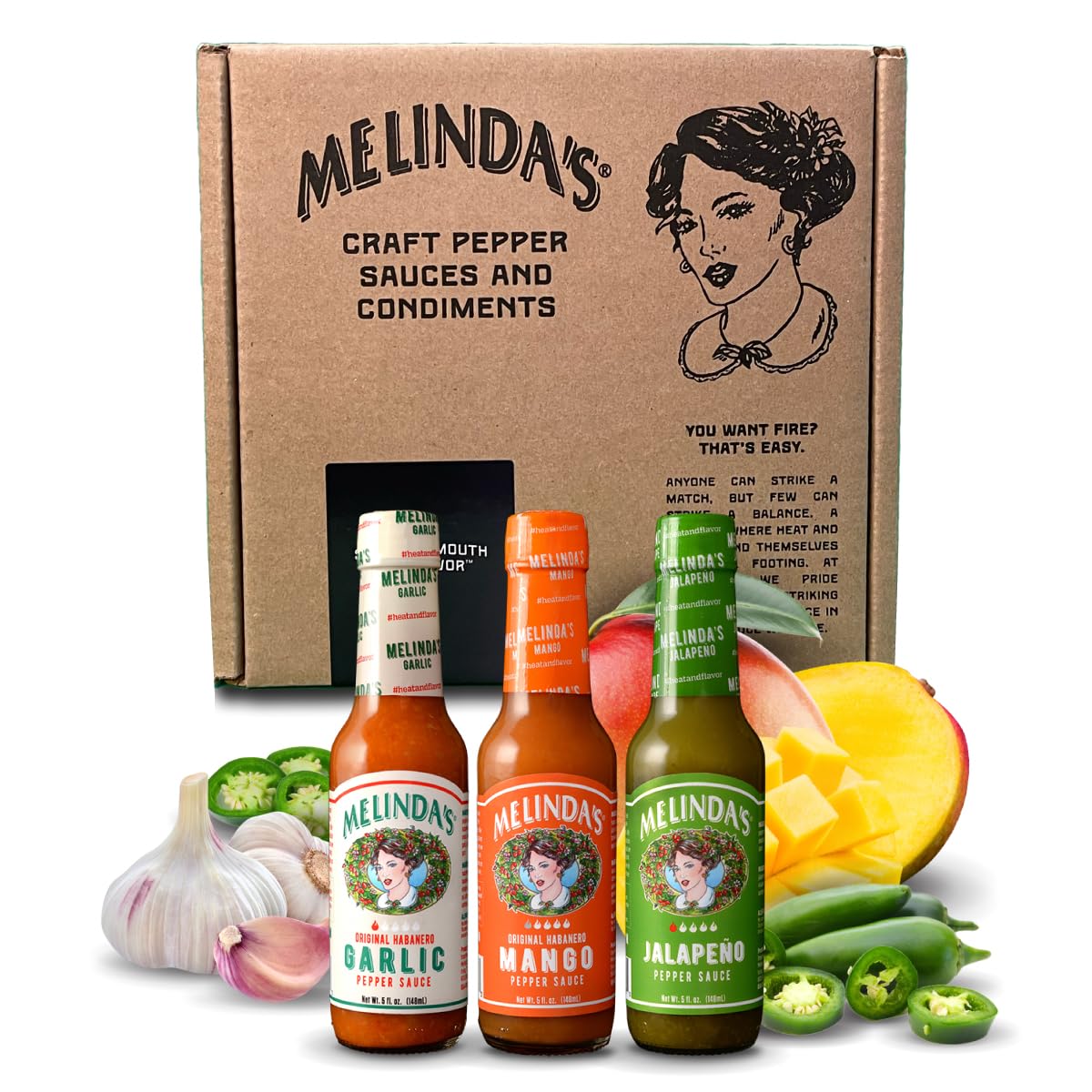Melinda’s Mild & Wild variety pack front view for a flavorful gift option.