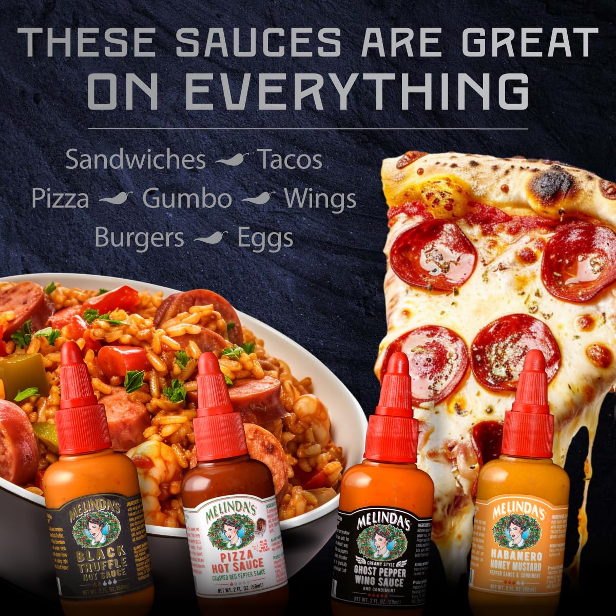 Melinda's mini sauces on a dining table paired with tacos or pasta.