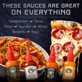 Melinda's mini sauces on a dining table paired with tacos or pasta.