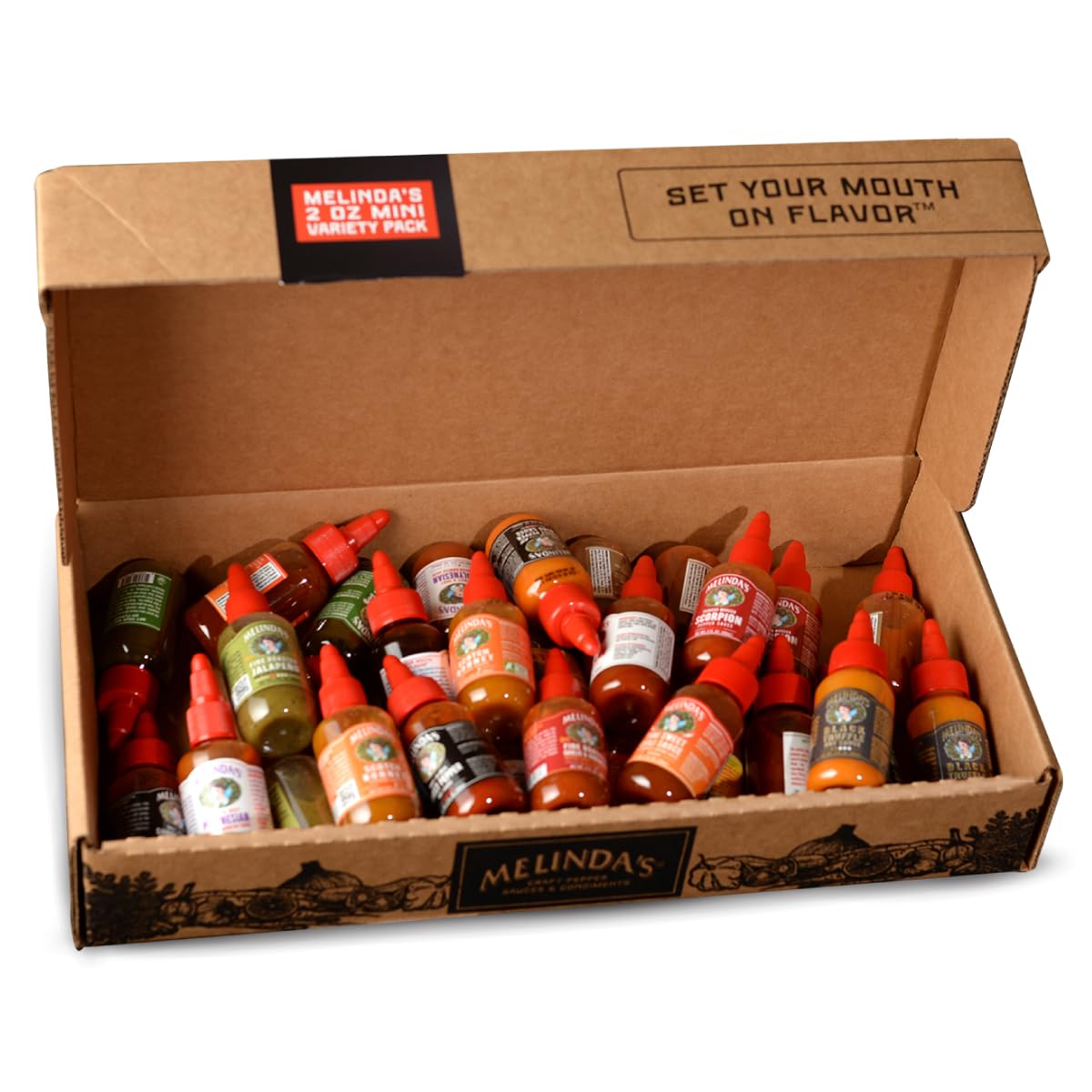 Melinda's mini hot sauce variety-pack bottles ready for on-the-go tasting and exploration.