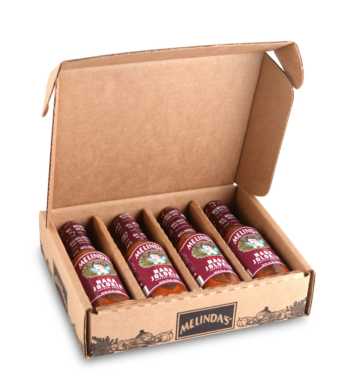 Melinda's Naga Jolokia bottle with bold, fruity heat, ready to elevate tacos and wings.