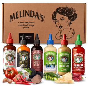 Melinda's Pizza Collection 6-pack box on a kitchen counter.