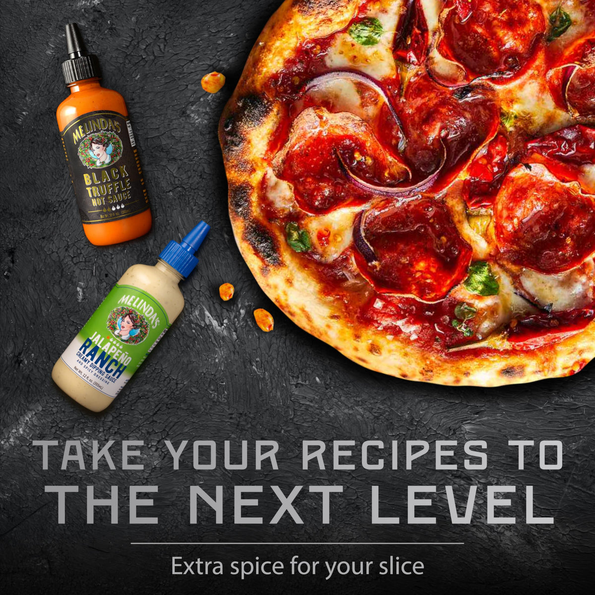 Melinda's Pizza Hot Sauce bottle drizzled on a slice.
