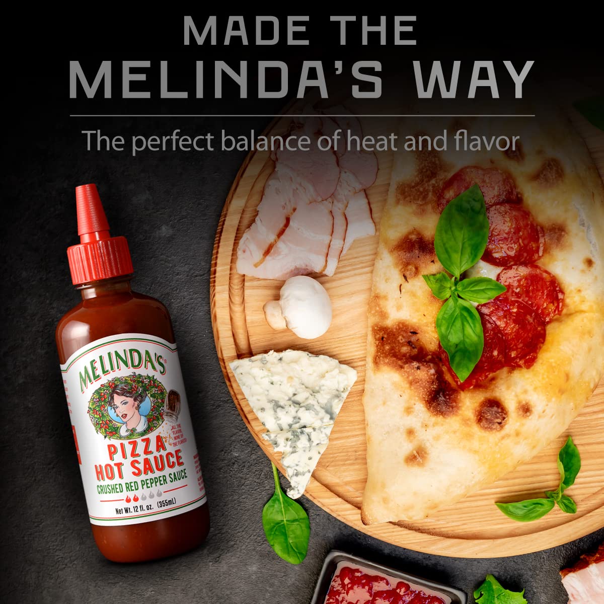 Two-pack display of Melinda's Pizza Hot Sauce showing value and convenient cooking option.
