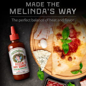 Two-pack display of Melinda's Pizza Hot Sauce showing value and convenient cooking option.