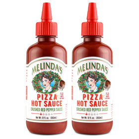 Melinda's Pizza Hot Sauce bottle showcasing fresh ingredients for bold, seed-free flavor on pizza.