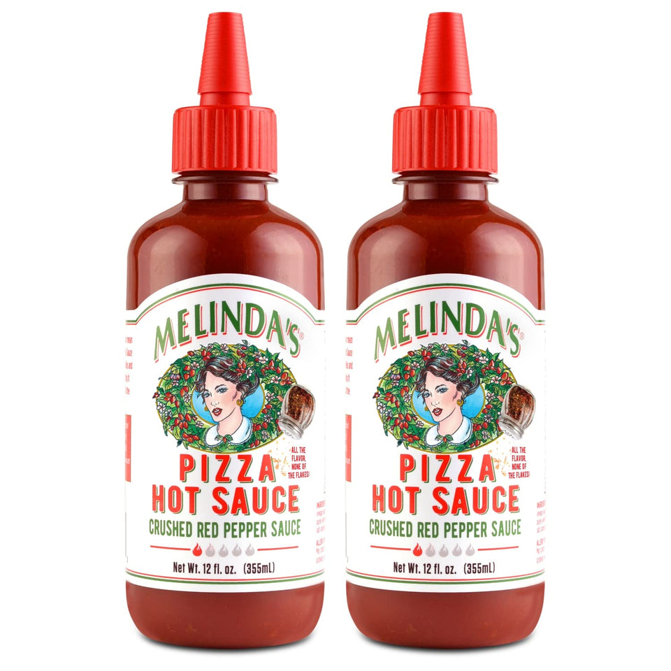 Melinda's Pizza Hot Sauce bottle showcasing fresh ingredients for bold, seed-free flavor on pizza.