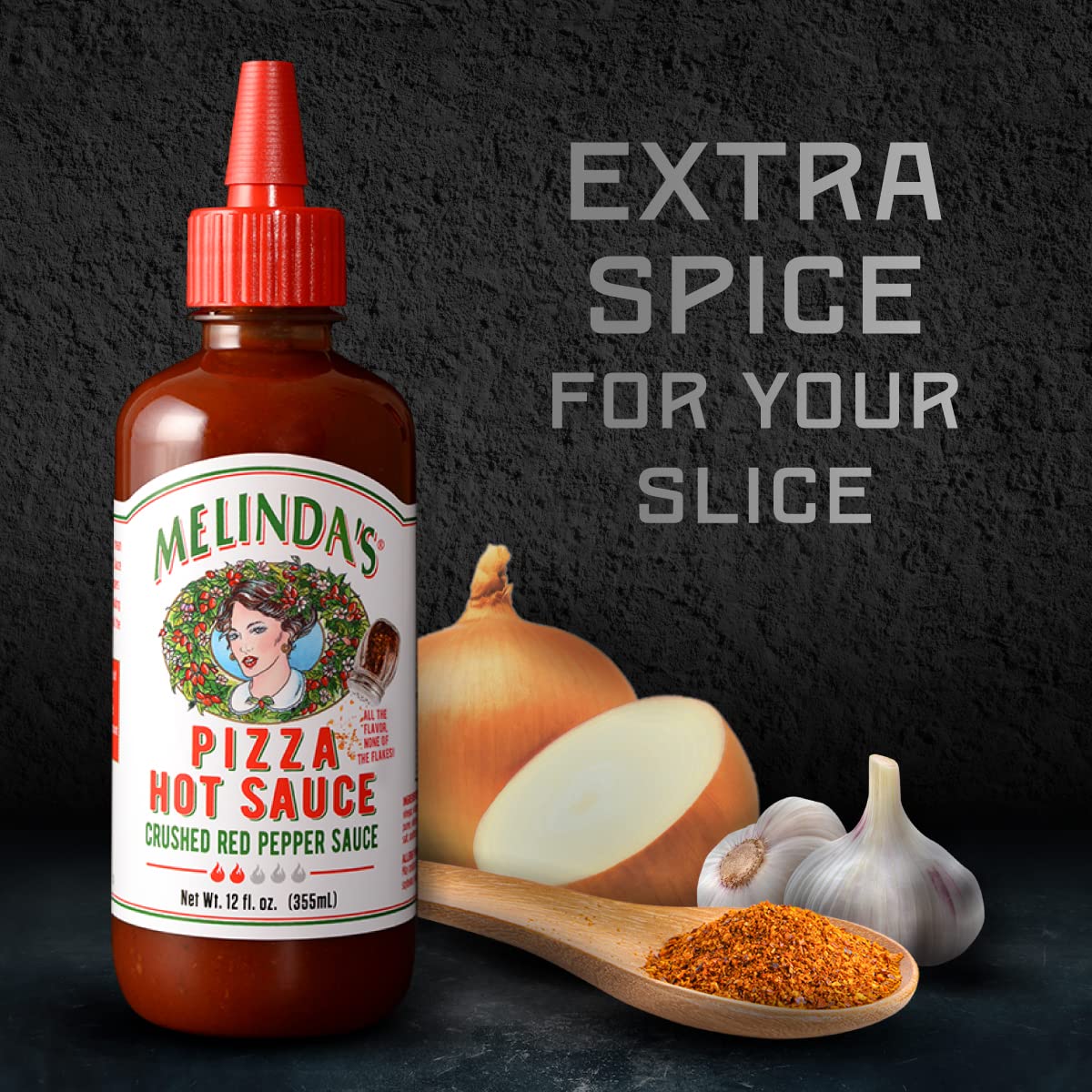 Melinda's Pizza Hot Sauce being poured to upgrade your slice with crisp heat.
