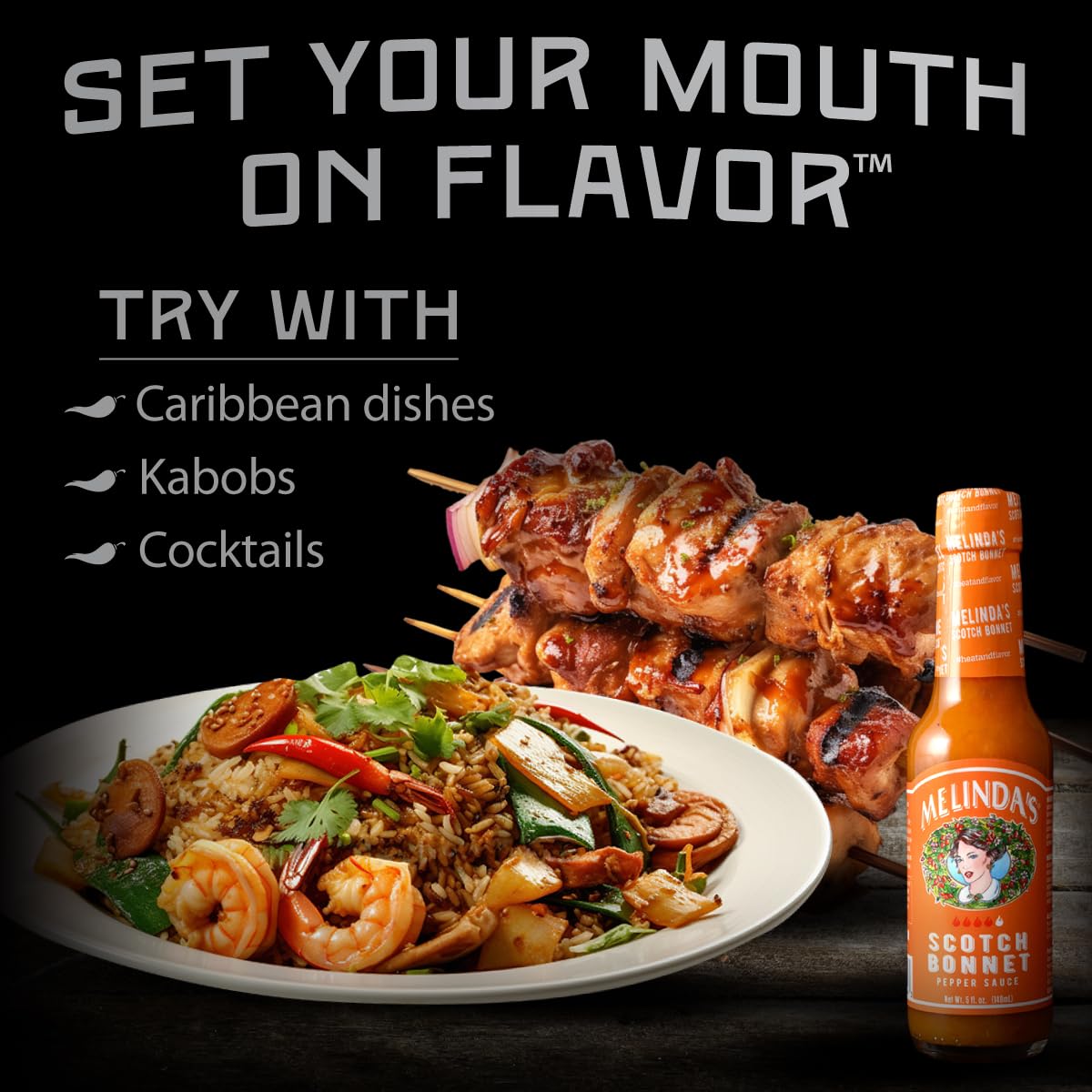 A four-pack of Melinda’s Scotch Bonnet hot sauce displayed for versatile use.